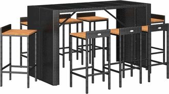 vidaXL Mesa Bar Y Taburetes Jard&iacute;n 9 Pzas Madera Acacia Rat&aacute;n Pe Negro Vidaxl