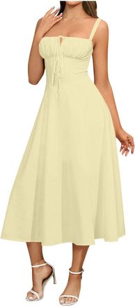 Generic Strap Dresses for Women Tie-Front Keyhole Neckline Sleeveless Maxi Dress Ladies Casual Summer Beach Sundress Beige Dress for Women XXL