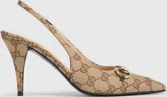 Gucci Womens Slingback Pump With Horsebit, Beige, Original GG Fabric