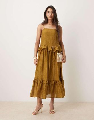 Vila Vestito lungo con spalline sottili a balze verde oliva con strass