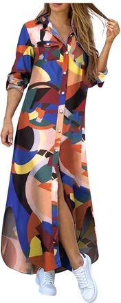 Generic Plus Size Shirt Dresses for Women UK, Long Sleeve Korean-Style Dresses Lapel Button Up Dresses Plus Size Loose Large Hem Drape Dress Casual Work Wear 