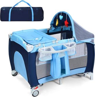 Costway Costway Cuna Plegable 4 En 1 Para Ni&ntilde;os, Con Ruedas, Bolsillos, Puerta Lateral Con Cremallera, Juguetes Colgando, Centro Actividad Port&aacute;til Infantil C