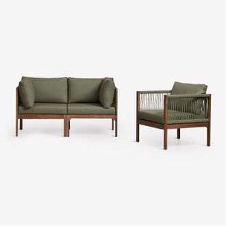 Sklum Conjunto De Jard&iacute;n Con Sof&aacute; Modular De 2 Piezas Con Reposabrazos Y Sill&oacute;n En Madera De Acacia Branson Sklum