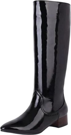 Generic Women Pointed Toe Knee High Boots Chunky Heel Winter Casual Office Pu Leather Boot