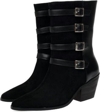 Generic Womens Suede Western Riding Mid-Calf Boots with Buckle Straps, Pointed Toe & Chunky Block Heel,Black,6.5 UK
