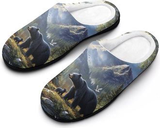 Generic Rustic Bear Family Forests Womens Slippers Warm House Slippers Indoor House Shoes with Anti-Skid Rubber Sole
