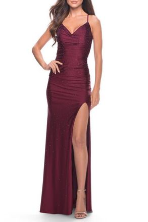 La Femme Rhinestone Jersey Dress with Slit and Ruching in Dark Berry at Nordstrom, Size 10