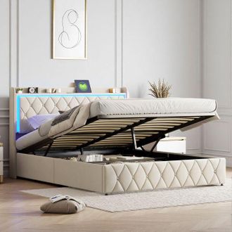 OEM Cama 160x200 Cm, 2ytt, Puerto Usb, Led Rgb, Hidr&aacute;ulica, Cama Doble, Terciopelo, Marco De Cama Para Adultos 160x200 Cm, Beige