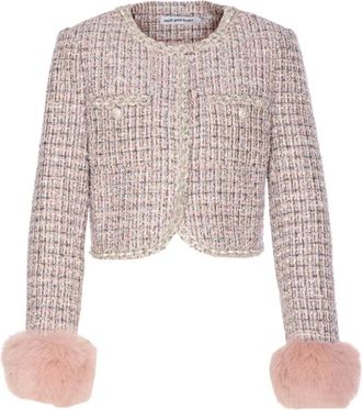 Self Portrait Tweed Jackets, female, Pink, Size: XS Boucl&eacute; Fur Cuff Jacket
