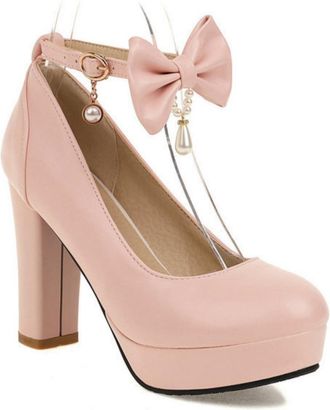 Generic Womens Elegant Platform Wedding Shoes Bow-Knot Ankle Strap Pumps Chunky Heel Romantic Evening Party Heels,Pink,6.5 UK