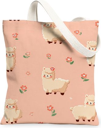 Generic Cute Llama Floral Canvas Tote Bags, Reusable Grocery Bags, Lightweight Washable Shoulder Strap Canvas for Shopping, Beach, Peach, 13x15 Inch