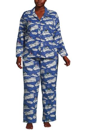 Lands End Plus Size Flannel 2 Piece Pajama Set - Long Sleeve Shirt and Pants in Cobalt Blue Holiday Penguins at Nordstrom, Size 2X