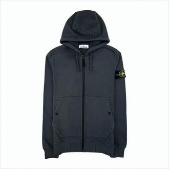 Stone Island Zip-Up Black Cotton Hoodie With Iconic Patch