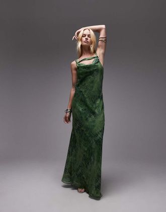 Topshop Vestito da cerimonia midi verde effetto pitonato con scollo ad anello profondo e nodo sul collo