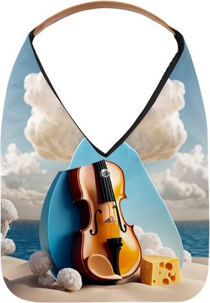 Generic Violin Cheese Pattern Reusable Lightweight Grocery Bags - Foldable Into Compact Pouch, Washable & Sturdy, Multipurpose for Shopping and Travel