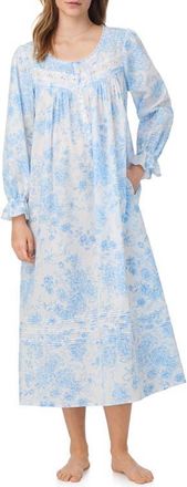 Eileen West Long Sleeve Cotton Lawn Ballet Nightgown in White/Blue Flower at Nordstrom, Size X-Small
