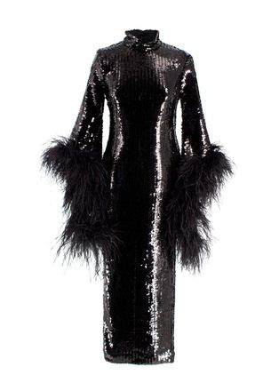 Taller Marmo Black Sequin Gown with Feather Trim Size XXS