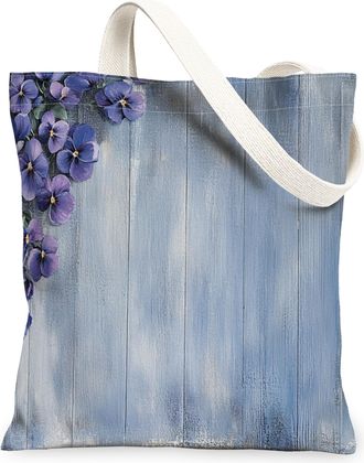 Generic Spring Violet Flower Canvas Tote Bag for Shopping 13x15, Farmhouse Rustic Florals Reusable Grocery Print Bag for Women, Country Beach Aesthetic Painti