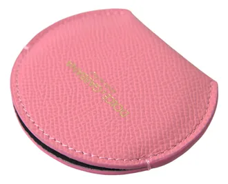 Dolce & Gabbana Pink Calfskin Leather Round Logo Print Hand Mirror Holder Accessory