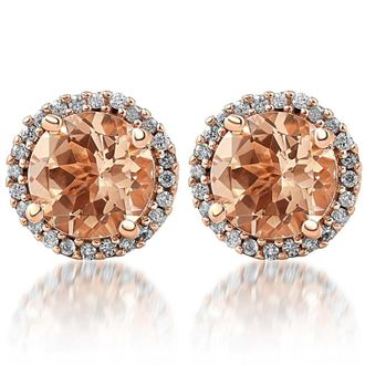 Pompeii3 1 1/2 Ct Diamond & Morganite Rose Gold Halo Studs Screw Back Earrings Rose Gold