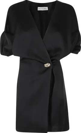 Raquel Diniz Black Anastasia V-Neck Jeweled Button Acetate-Blend Mini Dress