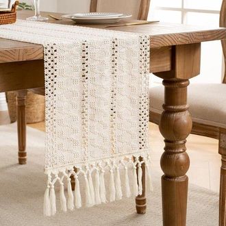 No Brand Camino De Mesa Beige De Algod&oacute;n Y Lino Estilo Bohemio Con Borlas, 30x160cm, Lavable, Tejido, Estilo Vintage Bohemio R&uacute;stico Para Cocina, Bodas Y Decor