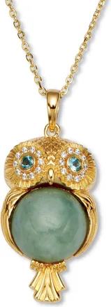 Palm Beach Jewelry Round Cut Genuine Green Jade 18k Gold-plated Owl Pendant Necklace, 18 inches