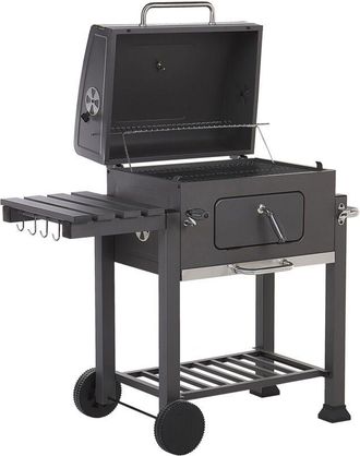 Beliani Barbacoa De Carb&oacute;n Parrilla De Acero Gris Con Tapa Rejilla Ruedas 2 Estantes Term&oacute;metro Cenicero Extra&iacute;ble Jard&iacute;n Pavlof