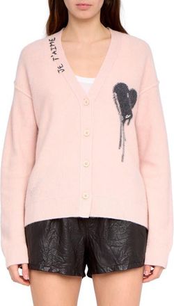 Zadig&Voltaire Mikyz Heart Appliqu&eacute; Cashmere V-Neck Cardigan in Pearly at Nordstrom, Size Medium