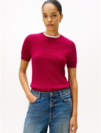 Tommy Hilfiger Womens Short-Sleeve Cable Knit Sweater - Pink - XXL