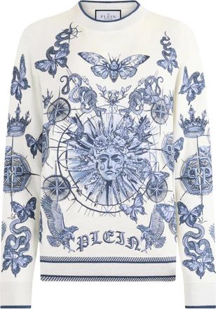 Philipp Plein Ronde Hals Trui Butterfly Tattoo - Dames - Ronde hals truien - Blauw - M - Wol - Truien & Vesten