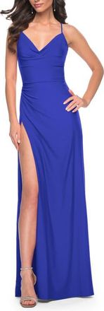 La Femme Simple Jersey Dress with Ruching and Slit in Royal Blue at Nordstrom, Size 12