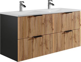 Vente-Unique Mueble de ba&ntilde;o suspendido con lavabo encastrado - Natural claro y negro - 120 cm - MADELA