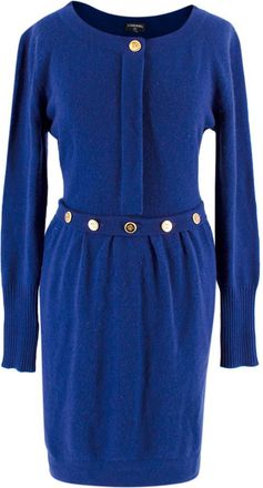 Chanel Blue Cashmere Clover Button Detail Knit Dress Size XS