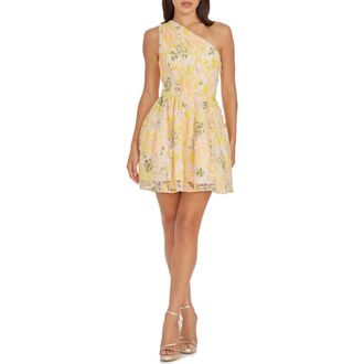 Dress The Population Delaney Floral One-Shoulder Fit & Flare Minidress in Canary Multi at Nordstrom Rack, Size Xx-Large