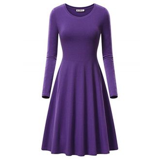 Generic Womens Dress Plain A Line Swing Skater Dress Crew Neck Midi Dresses Casual Flared Long Sleeve Dress Fall Pleated Knee Length Dress Ladies Flowy Holida