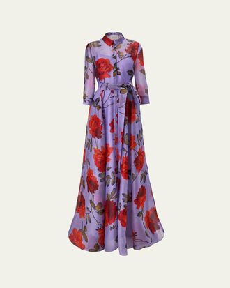 Carolina Herrera Rose Silk Organza Long-Sleeve Trench Gown