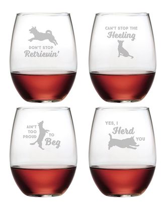 SUSQUEHANNA GLASS Set of 4 Clever Canines Assortment Stemless Wine Tumblers