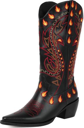 Generic Womens Pointed Toe Mid-Calf Boots with Embroidery Stitched Block Heel Western Cowboy Boots PU Leather Long Boot with Side Zipper,Black,7.5 UK