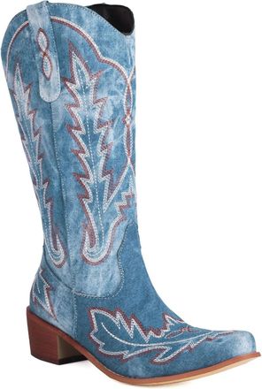 Generic Womens Chunky High Heel Knee High Boots Square Toe Long Boots with Embroidery Stitched Pull on Western Cowboy Boot,Blue,4.5 UK
