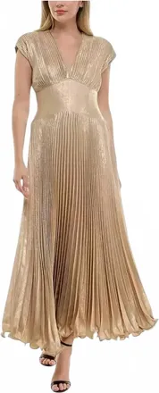 Taylor Metallic Pleated V-Neck Cap Sleeve Gown In Light Gold