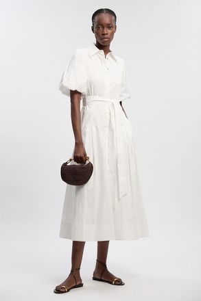 Karen Millen Cotton Puff Sleeve Midi Shirt Dress in White at Nordstrom, Size 12