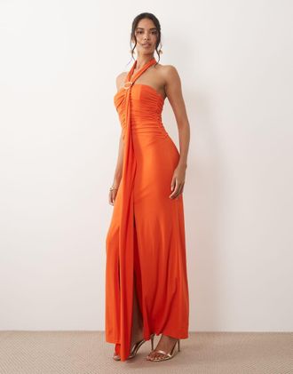 Tfnc Vestito lungo allacciato al collo con finiture arricciate arancione acceso