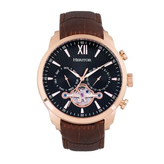 Heritor Mens Arthur Semi-Skeleton Leather-Band Watch w/ Day/Date - Rose Gold Stainless Steel - One Size