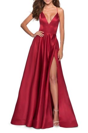 La Femme V-Neck Satin Prom Dress with Lace Up Back in Deep Red at Nordstrom, Size 00