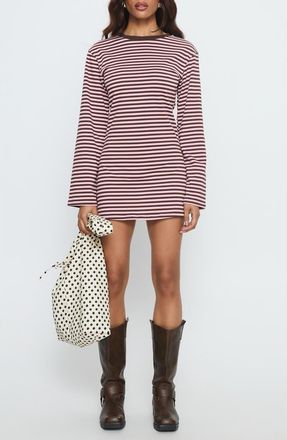 Princess Polly Lulolah Stripe Long Sleeve T-Shirt Minidress in Chocolate /Pink Stripe at Nordstrom, Size 10