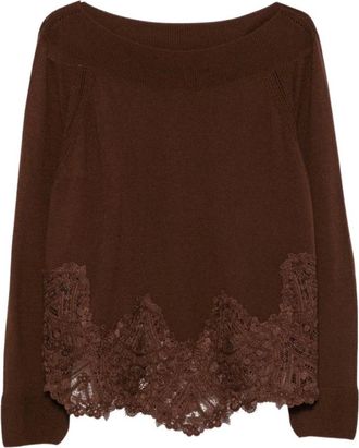 Ermanno Scervino Top in Puro Cashmere con Bordi in Pizzo - - Knitwear - Donna - Marrone - S
