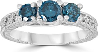 Pompeii3 1 Carat Treated Blue Diamond Vintage 3 Stone Ring 10K White Gold Size Selectable