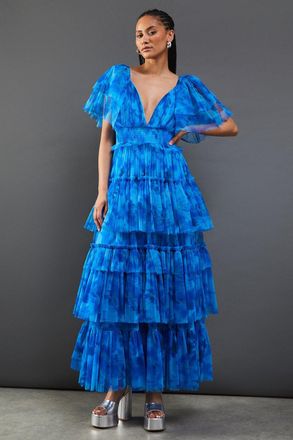 Warehouse Womens Tulle Floral Plunge Neck Flutter Sleeve Tier Maxi Dress - Blue - Size 10 UK
