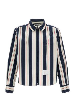 Thom Browne Seersucker Stripe Zip-Up Shirt with Point Collar